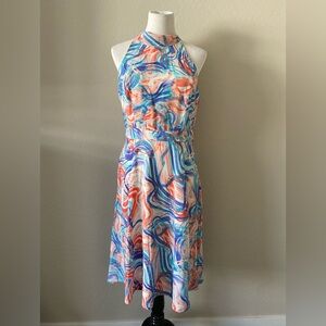 Tahari ASL Halter Neck Keyhole Back Watercolor Midi Dress Size 10